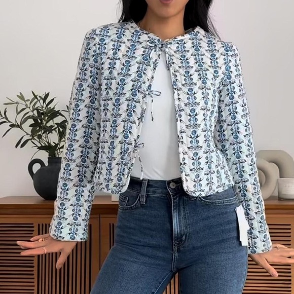 Caroline Consta Jacket Women S Quilted Floral Bow Front Linen Blend Cottagecore - Picture 1 of 10